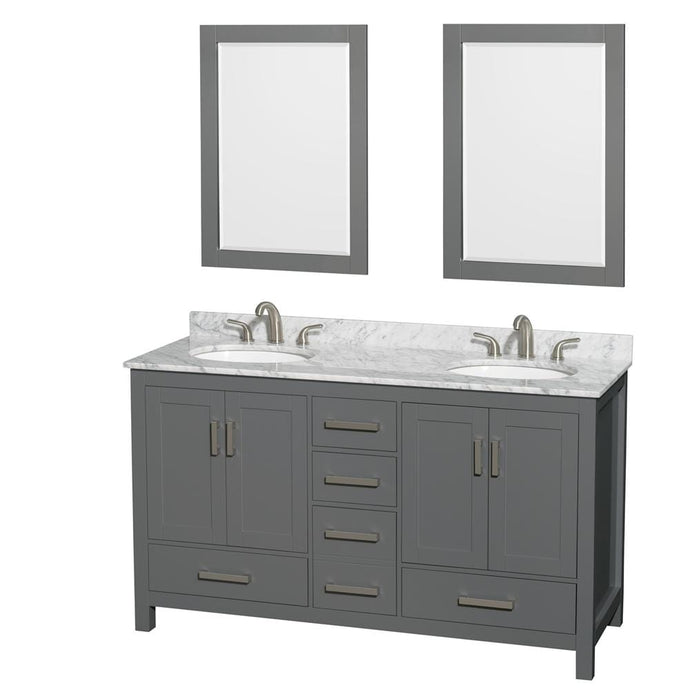 Wyndham Collection Vanity Wyndham Collection WCS141460DKGCMUNOM24 Sheffield 60 Inch Double Bathroom Vanity in Dark Gray, White Carrara Marble Countertop, Undermount Oval Sinks, and 24 Inch Mirrors