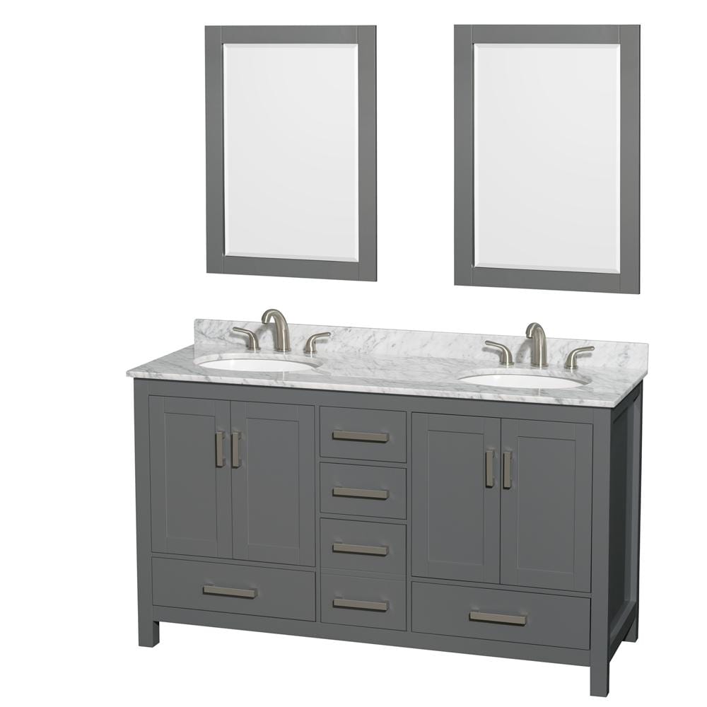Wyndham Collection Vanity Wyndham Collection WCS141460DKGCMUNOM24 Sheffield 60 Inch Double Bathroom Vanity in Dark Gray, White Carrara Marble Countertop, Undermount Oval Sinks, and 24 Inch Mirrors