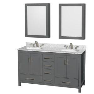 Wyndham Collection Vanity Wyndham Collection WCS141460DKGCMUNOMED Sheffield 60 Inch Double Bathroom Vanity in Dark Gray, White Carrara Marble Countertop, Undermount Oval Sinks, and Medicine Cabinets