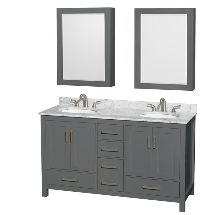 Wyndham Collection Vanity Wyndham Collection WCS141460DKGCMUNOMED Sheffield 60 Inch Double Bathroom Vanity in Dark Gray, White Carrara Marble Countertop, Undermount Oval Sinks, and Medicine Cabinets