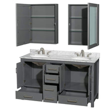 Load image into Gallery viewer, Wyndham Collection Vanity Wyndham Collection WCS141460DKGCMUNOMED Sheffield 60 Inch Double Bathroom Vanity in Dark Gray, White Carrara Marble Countertop, Undermount Oval Sinks, and Medicine Cabinets
