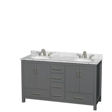 Load image into Gallery viewer, Wyndham Collection Vanity Wyndham Collection WCS141460DKGCMUNOMXX Sheffield 60 Inch Double Bathroom Vanity in Dark Gray, White Carrara Marble Countertop, Undermount Oval Sinks, and No Mirror