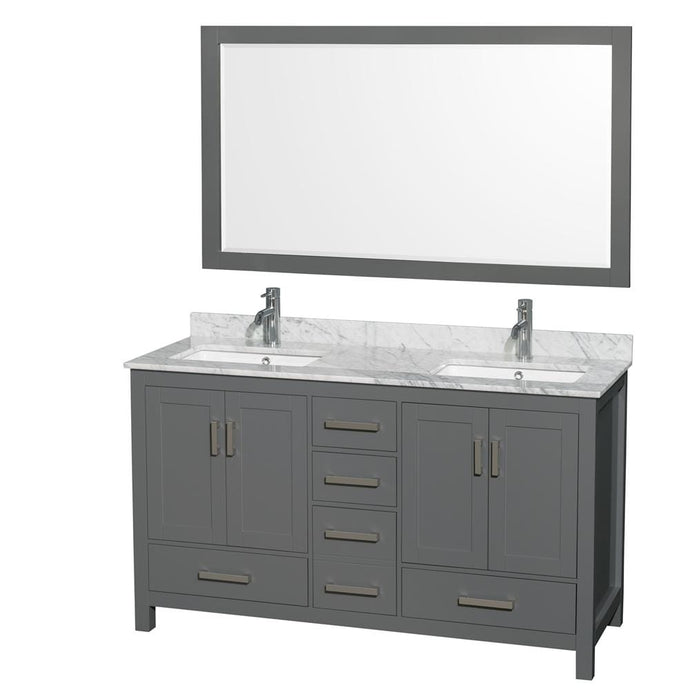 Wyndham Collection Vanity Wyndham Collection WCS141460DKGCMUNSM58 Sheffield 60 Inch Double Bathroom Vanity in Dark Gray, White Carrara Marble Countertop, Undermount Square Sinks, and 58 Inch Mirror