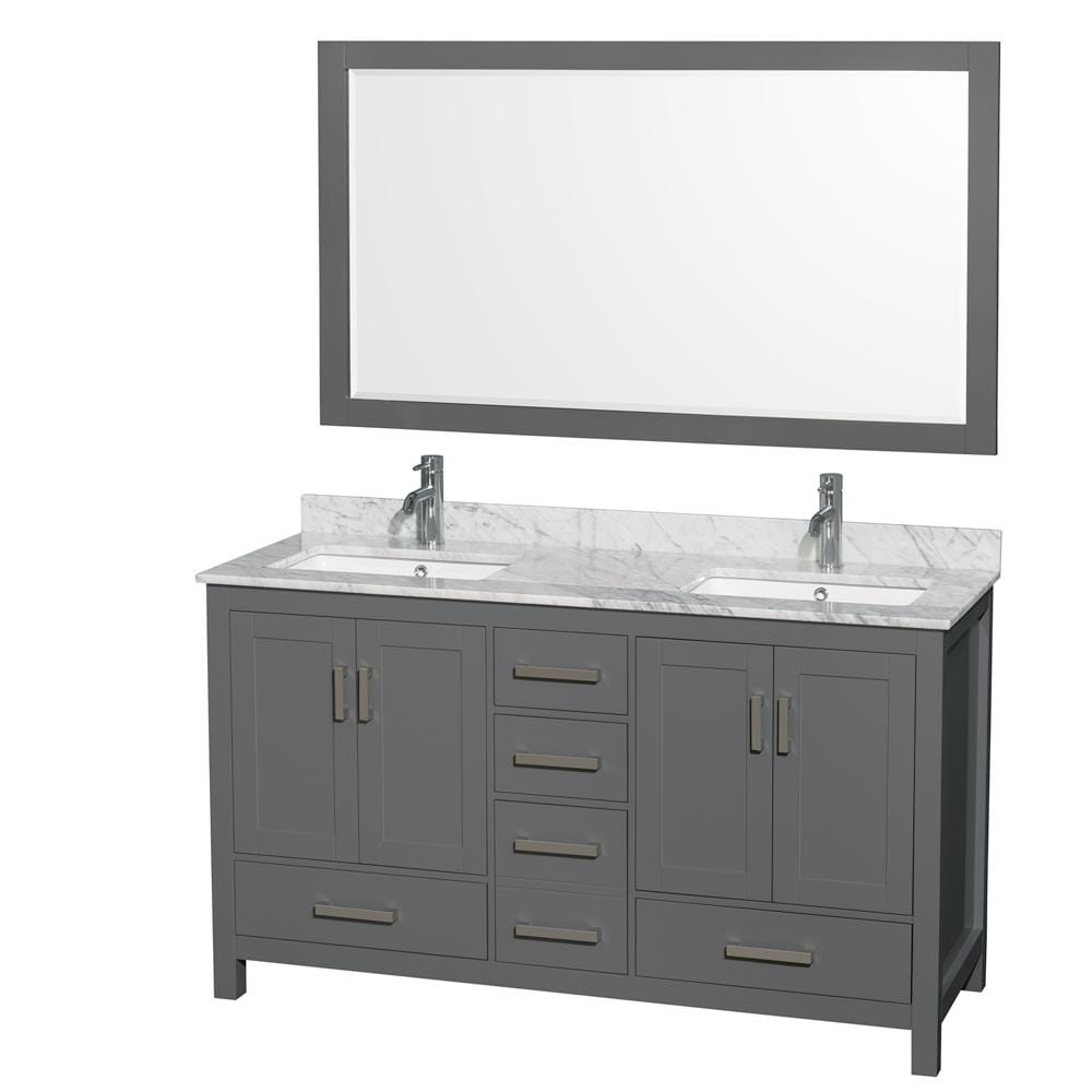 Wyndham Collection Vanity Wyndham Collection WCS141460DKGCMUNSM58 Sheffield 60 Inch Double Bathroom Vanity in Dark Gray, White Carrara Marble Countertop, Undermount Square Sinks, and 58 Inch Mirror