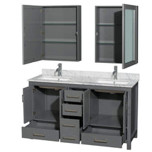 Load image into Gallery viewer, Wyndham Collection Vanity Wyndham Collection WCS141460DKGCMUNSMED Sheffield 60 Inch Double Bathroom Vanity in Dark Gray, White Carrara Marble Countertop, Undermount Square Sinks, and Medicine Cabinets