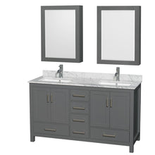 Load image into Gallery viewer, Wyndham Collection Vanity Wyndham Collection WCS141460DKGCMUNSMED Sheffield 60 Inch Double Bathroom Vanity in Dark Gray, White Carrara Marble Countertop, Undermount Square Sinks, and Medicine Cabinets