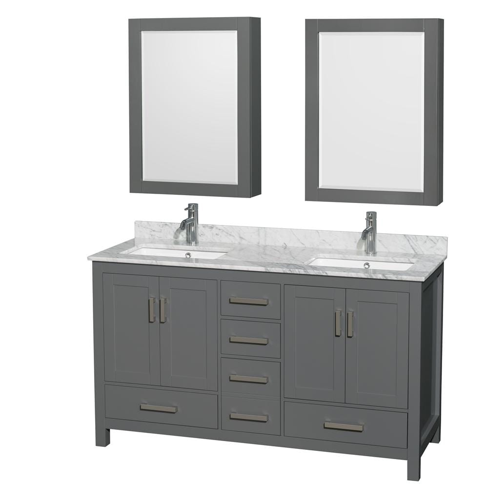 Wyndham Collection Vanity Wyndham Collection WCS141460DKGCMUNSMED Sheffield 60 Inch Double Bathroom Vanity in Dark Gray, White Carrara Marble Countertop, Undermount Square Sinks, and Medicine Cabinets