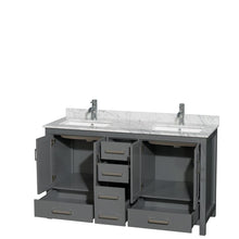 Load image into Gallery viewer, Wyndham Collection Vanity Wyndham Collection WCS141460DKGCMUNSMXX Sheffield 60 Inch Double Bathroom Vanity in Dark Gray, White Carrara Marble Countertop, Undermount Square Sinks, and No Mirror