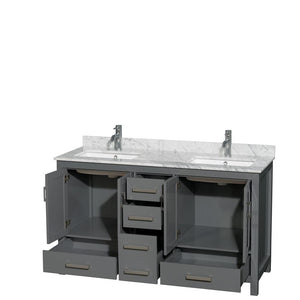 Wyndham Collection Vanity Wyndham Collection WCS141460DKGCMUNSMXX Sheffield 60 Inch Double Bathroom Vanity in Dark Gray, White Carrara Marble Countertop, Undermount Square Sinks, and No Mirror