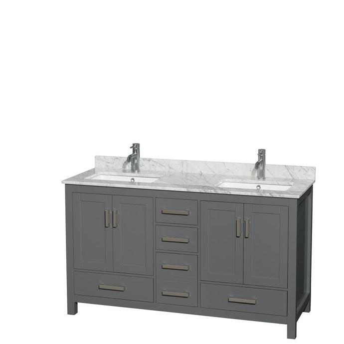 Wyndham Collection Vanity Wyndham Collection WCS141460DKGCMUNSMXX Sheffield 60 Inch Double Bathroom Vanity in Dark Gray, White Carrara Marble Countertop, Undermount Square Sinks, and No Mirror