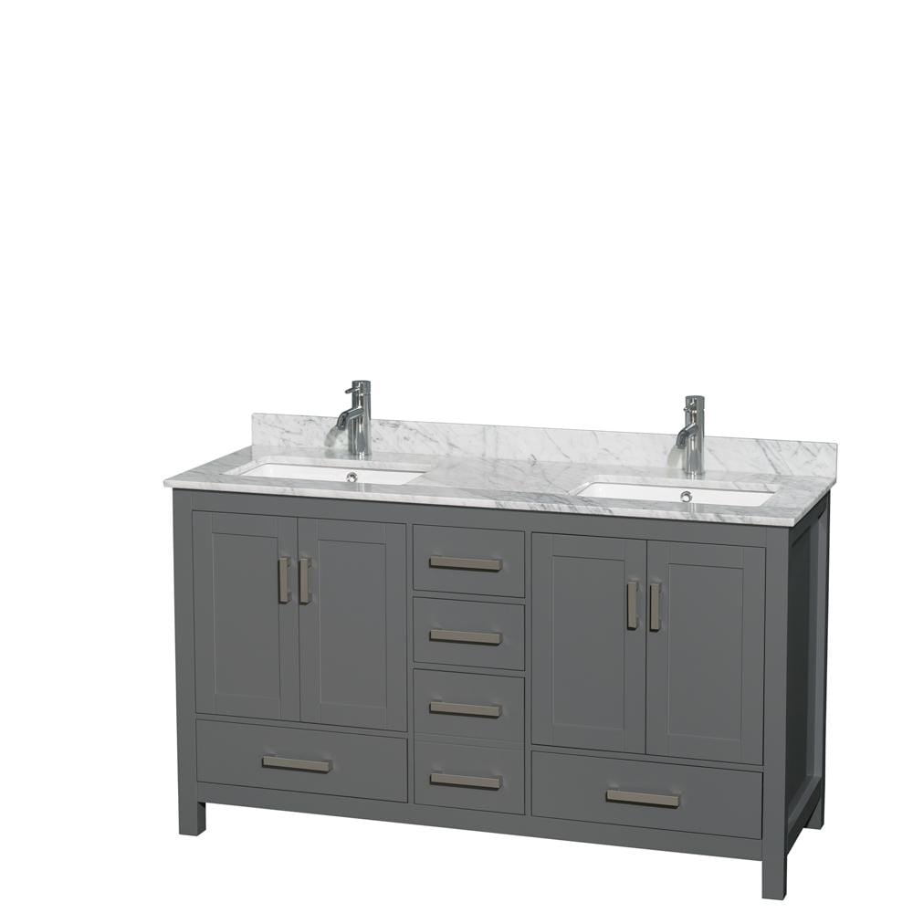 Wyndham Collection Vanity Wyndham Collection WCS141460DKGCMUNSMXX Sheffield 60 Inch Double Bathroom Vanity in Dark Gray, White Carrara Marble Countertop, Undermount Square Sinks, and No Mirror