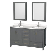 Load image into Gallery viewer, Wyndham Collection Vanity Wyndham Collection WCS141460DKGWQUNSMED Sheffield 60 Inch Double Bathroom Vanity in Dark Gray, White Quartz Countertop, Undermount Square Sinks, Medicine Cabinets