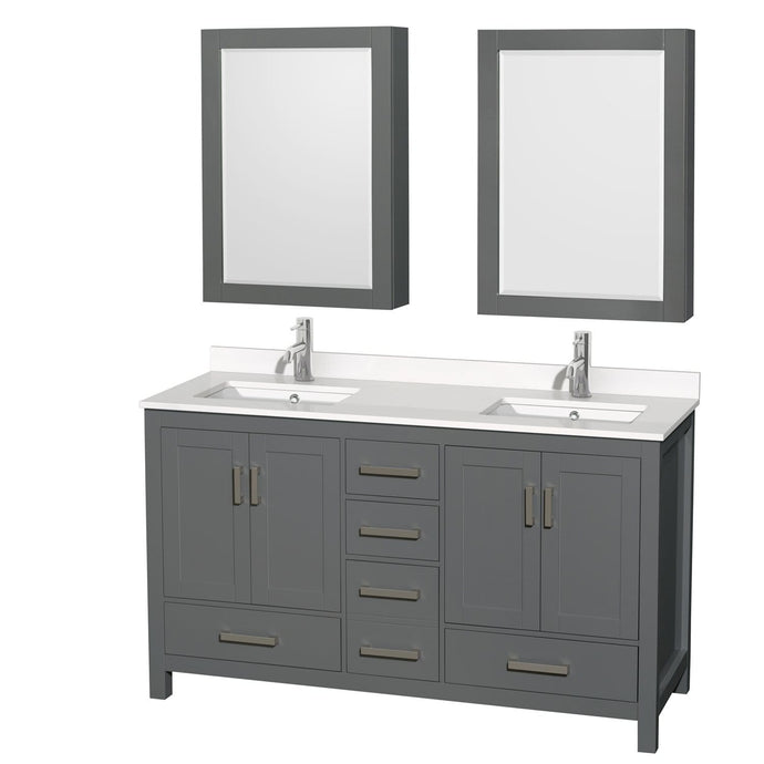 Wyndham Collection Vanity Wyndham Collection WCS141460DKGWQUNSMED Sheffield 60 Inch Double Bathroom Vanity in Dark Gray, White Quartz Countertop, Undermount Square Sinks, Medicine Cabinets