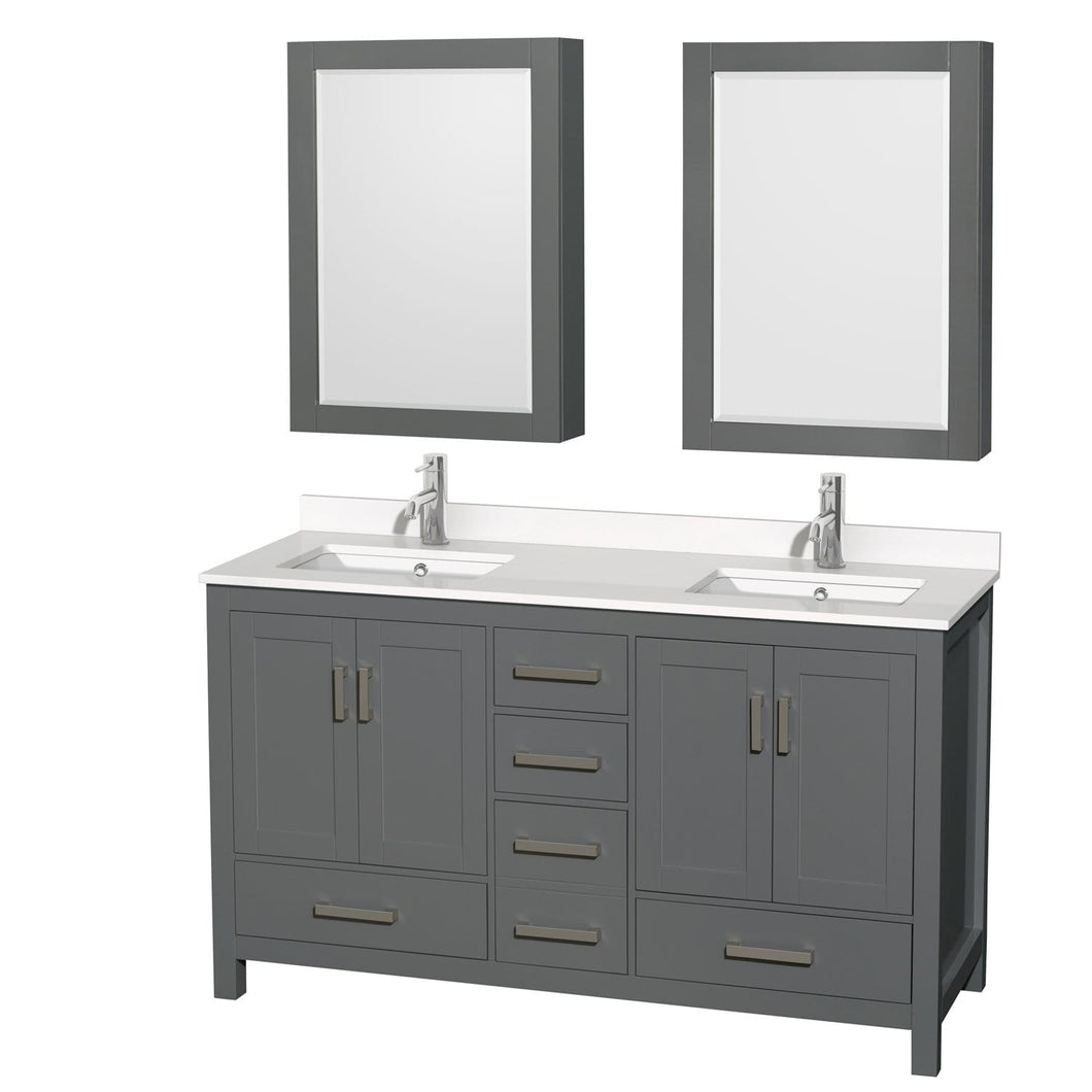 Wyndham Collection Vanity Wyndham Collection WCS141460DKGWQUNSMED Sheffield 60 Inch Double Bathroom Vanity in Dark Gray, White Quartz Countertop, Undermount Square Sinks, Medicine Cabinets