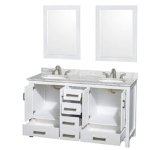 Load image into Gallery viewer, Wyndham Collection Vanity Wyndham Collection WCS141460DWHCMUNOM24 Sheffield 60 Inch Double Bathroom Vanity in White, White Carrara Marble Countertop, Undermount Oval Sinks, and 24 Inch Mirrors