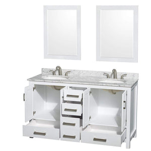 Wyndham Collection Vanity Wyndham Collection WCS141460DWHCMUNOM24 Sheffield 60 Inch Double Bathroom Vanity in White, White Carrara Marble Countertop, Undermount Oval Sinks, and 24 Inch Mirrors
