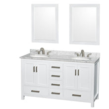 Load image into Gallery viewer, Wyndham Collection Vanity Wyndham Collection WCS141460DWHCMUNOM24 Sheffield 60 Inch Double Bathroom Vanity in White, White Carrara Marble Countertop, Undermount Oval Sinks, and 24 Inch Mirrors