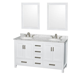 Wyndham Collection Vanity Wyndham Collection WCS141460DWHCMUNOM24 Sheffield 60 Inch Double Bathroom Vanity in White, White Carrara Marble Countertop, Undermount Oval Sinks, and 24 Inch Mirrors