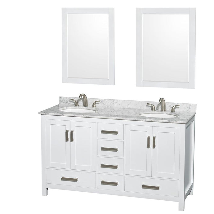 Wyndham Collection Vanity Wyndham Collection WCS141460DWHCMUNOM24 Sheffield 60 Inch Double Bathroom Vanity in White, White Carrara Marble Countertop, Undermount Oval Sinks, and 24 Inch Mirrors