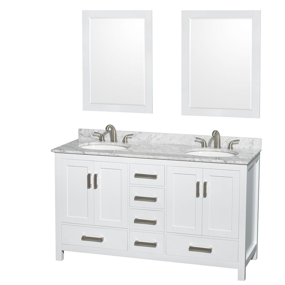 Wyndham Collection Vanity Wyndham Collection WCS141460DWHCMUNOM24 Sheffield 60 Inch Double Bathroom Vanity in White, White Carrara Marble Countertop, Undermount Oval Sinks, and 24 Inch Mirrors