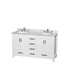 Load image into Gallery viewer, Wyndham Collection Vanity Wyndham Collection WCS141460DWHCMUNOM24 Sheffield 60 Inch Double Bathroom Vanity in White, White Carrara Marble Countertop, Undermount Oval Sinks, and 24 Inch Mirrors