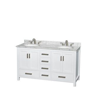 Wyndham Collection Vanity Wyndham Collection WCS141460DWHCMUNOM24 Sheffield 60 Inch Double Bathroom Vanity in White, White Carrara Marble Countertop, Undermount Oval Sinks, and 24 Inch Mirrors