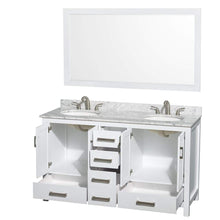 Load image into Gallery viewer, Wyndham Collection Vanity Wyndham Collection WCS141460DWHCMUNOM58 Sheffield 60 Inch Double Bathroom Vanity in White, White Carrara Marble Countertop, Undermount Oval Sinks, and 58 Inch Mirror