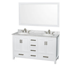 Load image into Gallery viewer, Wyndham Collection Vanity Wyndham Collection WCS141460DWHCMUNOM58 Sheffield 60 Inch Double Bathroom Vanity in White, White Carrara Marble Countertop, Undermount Oval Sinks, and 58 Inch Mirror