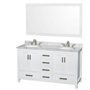 Wyndham Collection Vanity Wyndham Collection WCS141460DWHCMUNOM58 Sheffield 60 Inch Double Bathroom Vanity in White, White Carrara Marble Countertop, Undermount Oval Sinks, and 58 Inch Mirror