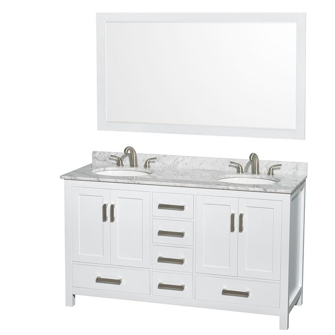 Wyndham Collection Vanity Wyndham Collection WCS141460DWHCMUNOM58 Sheffield 60 Inch Double Bathroom Vanity in White, White Carrara Marble Countertop, Undermount Oval Sinks, and 58 Inch Mirror