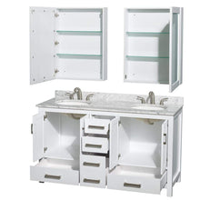 Load image into Gallery viewer, Wyndham Collection Vanity Wyndham Collection WCS141460DWHCMUNOMED Sheffield 60 Inch Double Bathroom Vanity in White, White Carrara Marble Countertop, Undermount Oval Sinks, and Medicine Cabinets