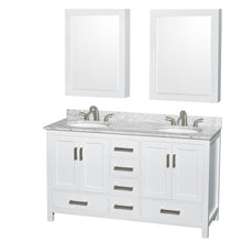 Load image into Gallery viewer, Wyndham Collection Vanity Wyndham Collection WCS141460DWHCMUNOMED Sheffield 60 Inch Double Bathroom Vanity in White, White Carrara Marble Countertop, Undermount Oval Sinks, and Medicine Cabinets