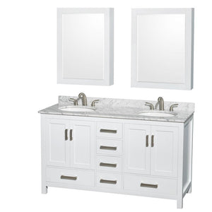 Wyndham Collection Vanity Wyndham Collection WCS141460DWHCMUNOMED Sheffield 60 Inch Double Bathroom Vanity in White, White Carrara Marble Countertop, Undermount Oval Sinks, and Medicine Cabinets