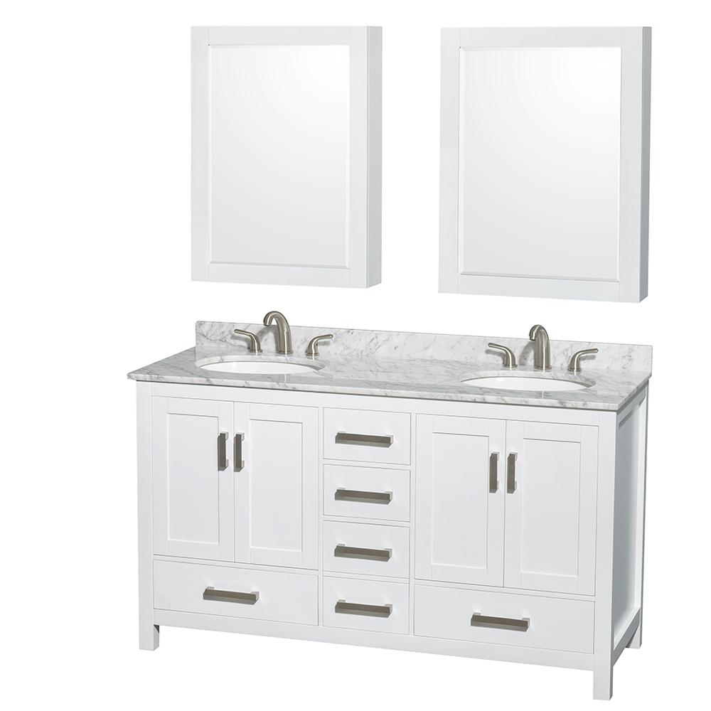 Wyndham Collection Vanity Wyndham Collection WCS141460DWHCMUNOMED Sheffield 60 Inch Double Bathroom Vanity in White, White Carrara Marble Countertop, Undermount Oval Sinks, and Medicine Cabinets