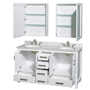 Wyndham Collection Vanity Wyndham Collection WCS141460DWHCMUNOMED Sheffield 60 Inch Double Bathroom Vanity in White, White Carrara Marble Countertop, Undermount Oval Sinks, and Medicine Cabinets