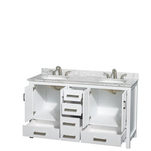 Load image into Gallery viewer, Wyndham Collection Vanity Wyndham Collection WCS141460DWHCMUNOMXX Sheffield 60 Inch Double Bathroom Vanity in White, White Carrara Marble Countertop, Undermount Oval Sinks, and No Mirror