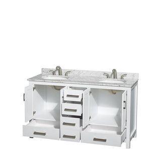 Wyndham Collection Vanity Wyndham Collection WCS141460DWHCMUNOMXX Sheffield 60 Inch Double Bathroom Vanity in White, White Carrara Marble Countertop, Undermount Oval Sinks, and No Mirror