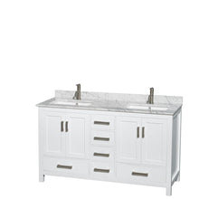 Load image into Gallery viewer, Wyndham Collection Vanity Wyndham Collection WCS141460DWHCMUNSM24 Sheffield 60 Inch Double Bathroom Vanity in White, White Carrara Marble Countertop, Undermount Square Sinks, and 24 Inch Mirrors
