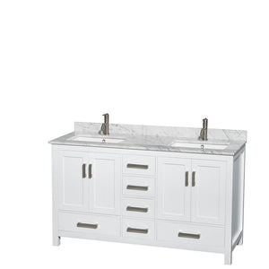Wyndham Collection Vanity Wyndham Collection WCS141460DWHCMUNSM24 Sheffield 60 Inch Double Bathroom Vanity in White, White Carrara Marble Countertop, Undermount Square Sinks, and 24 Inch Mirrors