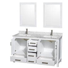 Load image into Gallery viewer, Wyndham Collection Vanity Wyndham Collection WCS141460DWHCMUNSM24 Sheffield 60 Inch Double Bathroom Vanity in White, White Carrara Marble Countertop, Undermount Square Sinks, and 24 Inch Mirrors