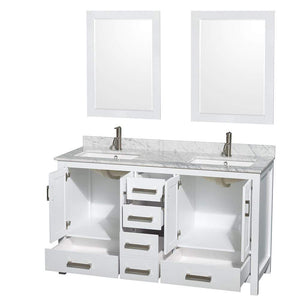 Wyndham Collection Vanity Wyndham Collection WCS141460DWHCMUNSM24 Sheffield 60 Inch Double Bathroom Vanity in White, White Carrara Marble Countertop, Undermount Square Sinks, and 24 Inch Mirrors