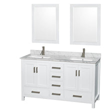 Load image into Gallery viewer, Wyndham Collection Vanity Wyndham Collection WCS141460DWHCMUNSM24 Sheffield 60 Inch Double Bathroom Vanity in White, White Carrara Marble Countertop, Undermount Square Sinks, and 24 Inch Mirrors