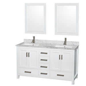 Wyndham Collection Vanity Wyndham Collection WCS141460DWHCMUNSM24 Sheffield 60 Inch Double Bathroom Vanity in White, White Carrara Marble Countertop, Undermount Square Sinks, and 24 Inch Mirrors