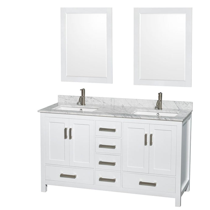 Wyndham Collection Vanity Wyndham Collection WCS141460DWHCMUNSM24 Sheffield 60 Inch Double Bathroom Vanity in White, White Carrara Marble Countertop, Undermount Square Sinks, and 24 Inch Mirrors