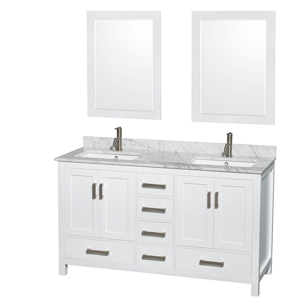 Wyndham Collection Vanity Wyndham Collection WCS141460DWHCMUNSM24 Sheffield 60 Inch Double Bathroom Vanity in White, White Carrara Marble Countertop, Undermount Square Sinks, and 24 Inch Mirrors