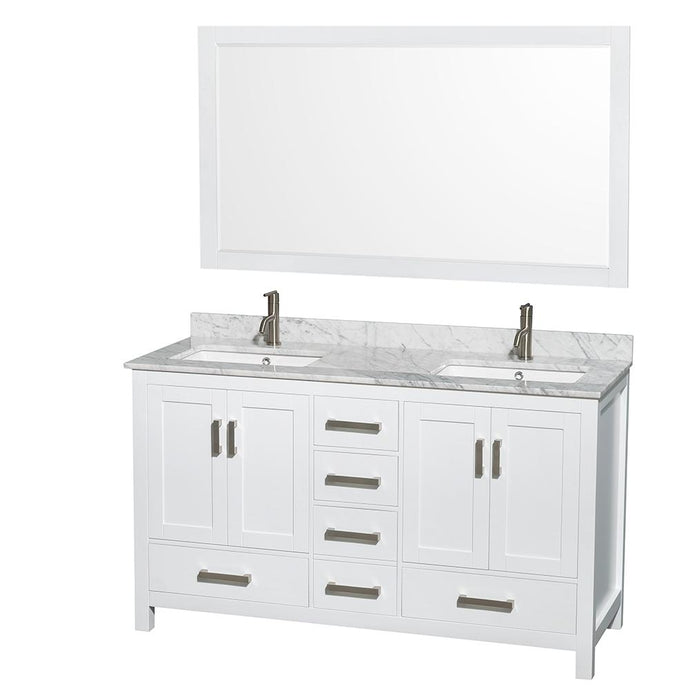 Wyndham Collection Vanity Wyndham Collection WCS141460DWHCMUNSM58 Sheffield 60 Inch Double Bathroom Vanity in White, White Carrara Marble Countertop, Undermount Square Sinks, and 58 Inch Mirror