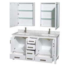 Load image into Gallery viewer, Wyndham Collection Vanity Wyndham Collection WCS141460DWHCMUNSMED Sheffield 60 Inch Double Bathroom Vanity in White, White Carrara Marble Countertop, Undermount Square Sinks, and Medicine Cabinets