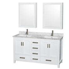 Load image into Gallery viewer, Wyndham Collection Vanity Wyndham Collection WCS141460DWHCMUNSMED Sheffield 60 Inch Double Bathroom Vanity in White, White Carrara Marble Countertop, Undermount Square Sinks, and Medicine Cabinets
