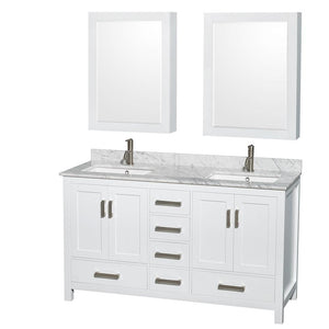 Wyndham Collection Vanity Wyndham Collection WCS141460DWHCMUNSMED Sheffield 60 Inch Double Bathroom Vanity in White, White Carrara Marble Countertop, Undermount Square Sinks, and Medicine Cabinets