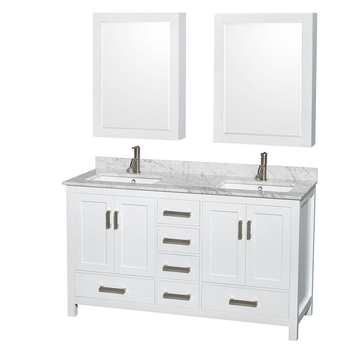 Wyndham Collection Vanity Wyndham Collection WCS141460DWHCMUNSMED Sheffield 60 Inch Double Bathroom Vanity in White, White Carrara Marble Countertop, Undermount Square Sinks, and Medicine Cabinets